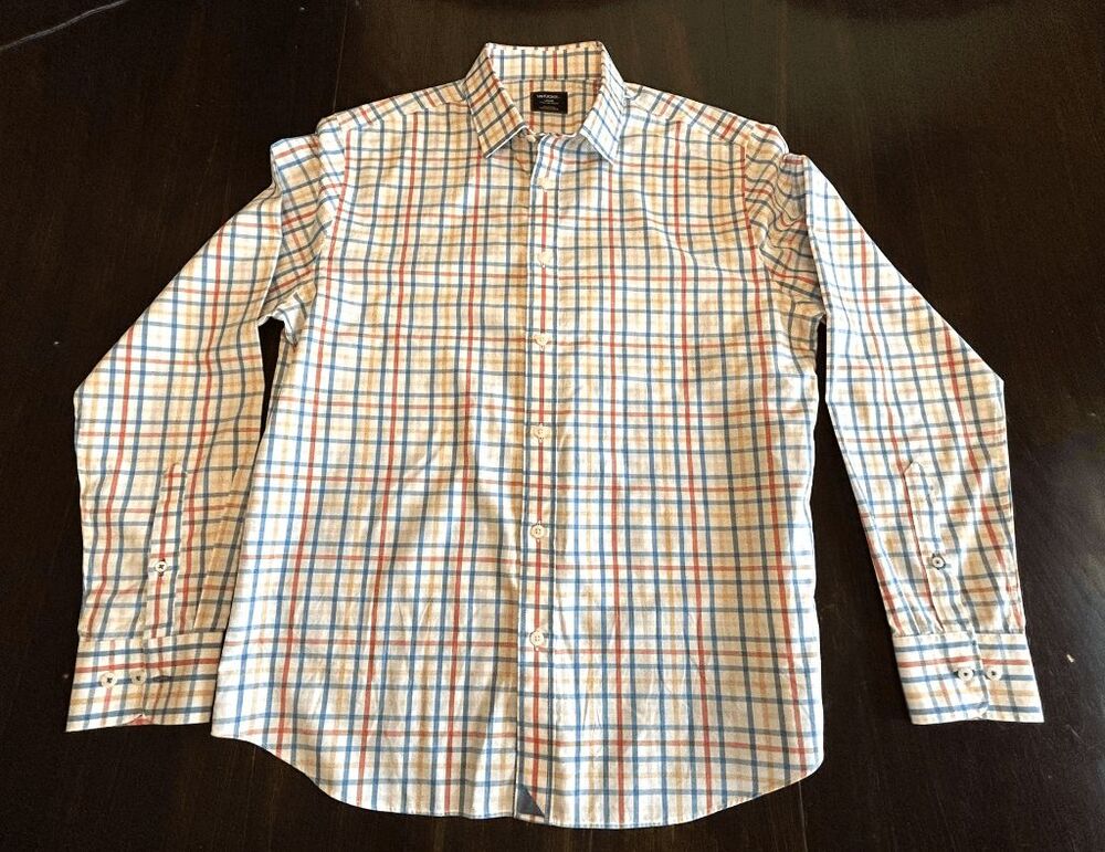 UNTUCKit Men's 100% Cotton Slim Fit Button Down Shirt Size L, White w/ Checkers